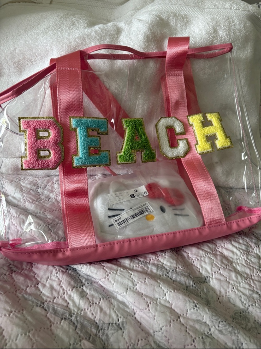 H&M Clear Tote Bag with Pink Straps and Colorful Letter Appliqués